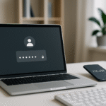 Laptop z ekranem kodu i ikoną tarczy ochronnej symbolizujący cyberbezpieczeństwo w pracy zdalnej w startupach