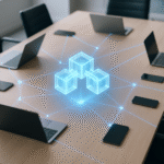 Schemat ilustrujący zastosowania technologii blockchain w biznesie – zarządzanie łańcuchem dostaw, rejestry transakcji, automatyczne umowy i zabezpieczenie danych