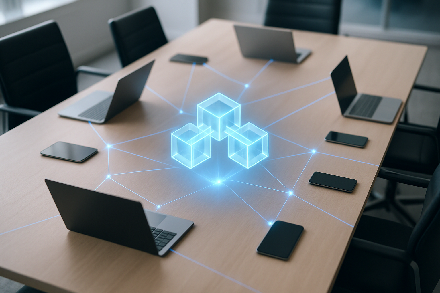 Schemat ilustrujący zastosowania technologii blockchain w biznesie – zarządzanie łańcuchem dostaw, rejestry transakcji, automatyczne umowy i zabezpieczenie danych