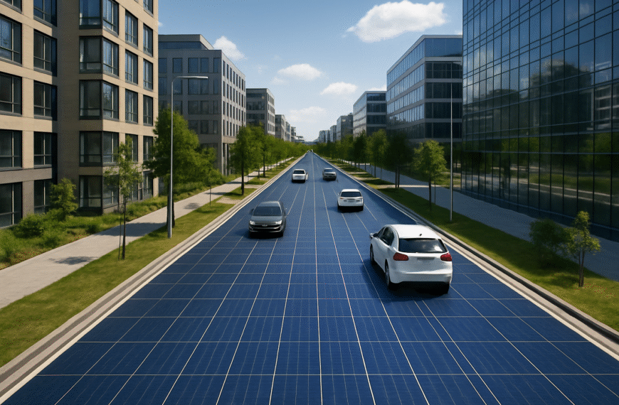 ulica pokryta panelami słonecznymi zamiast tradycyjnej nawierzchni, z budynkami i zielenią w tle, ilustrująca nowoczesne rozwiązania energetyczne przyszłości