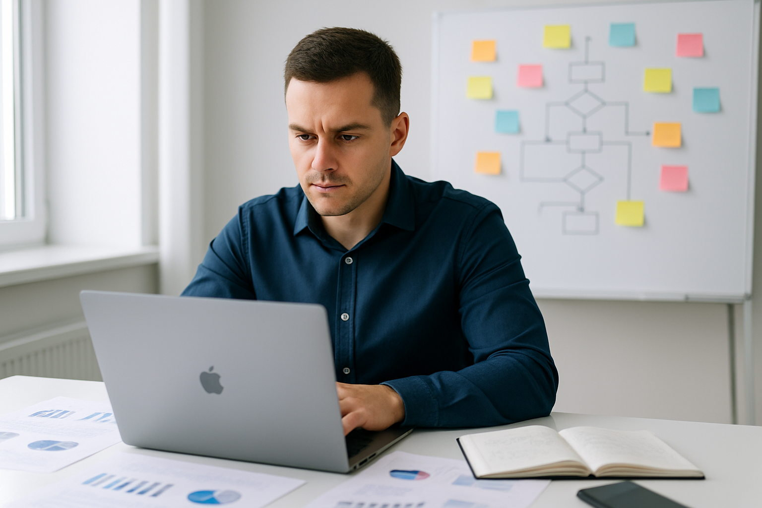 Zespół startupu przy stole analizujący schemat modelu biznesowego, a duża strzałka wskazuje zmianę kierunku działania – pivot
