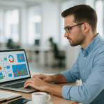 Specjalista ds. marketing automation analizujący i automatyzujący ścieżkę klienta na ekranie komputera