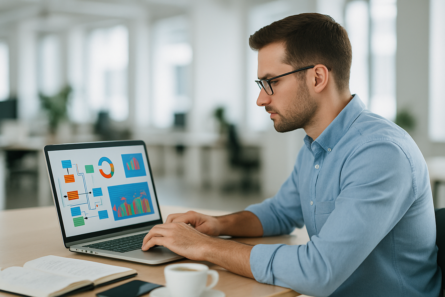 Specjalista ds. marketing automation analizujący i automatyzujący ścieżkę klienta na ekranie komputera