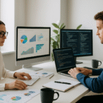 Porównanie data scientist i data analyst przy biurkach z wykresami kodem i raportami – różnice i ścieżki kariery
