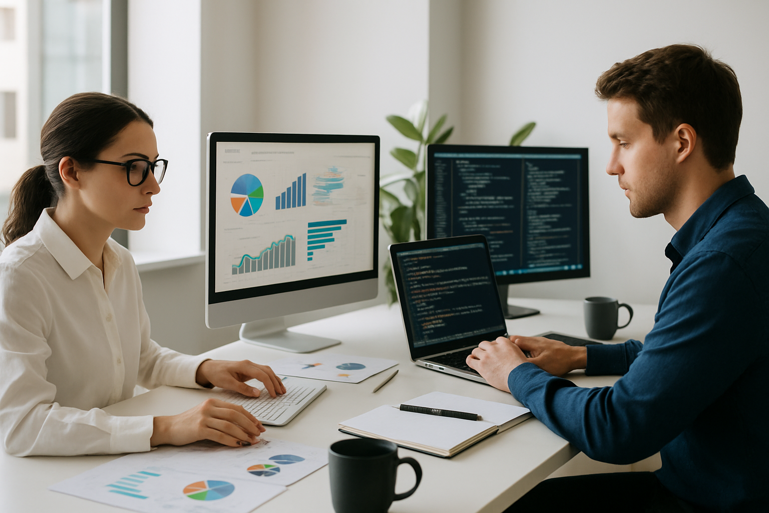Porównanie data scientist i data analyst przy biurkach z wykresami kodem i raportami – różnice i ścieżki kariery